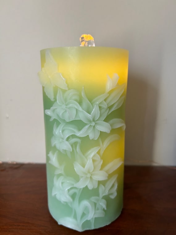 Fountain Candle Green Floral Raised Design with Light Runs on Water Soothing Sound Remote Timer
