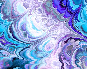 Satin Fabric Purple Blue Turquiose Clouds Hand Created Art Fabric Modern