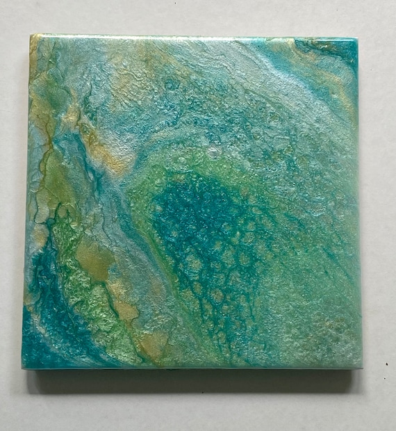 Ocean Blue and Green Handmade Resin Coaster Trivet Gift Idea One of a Kind