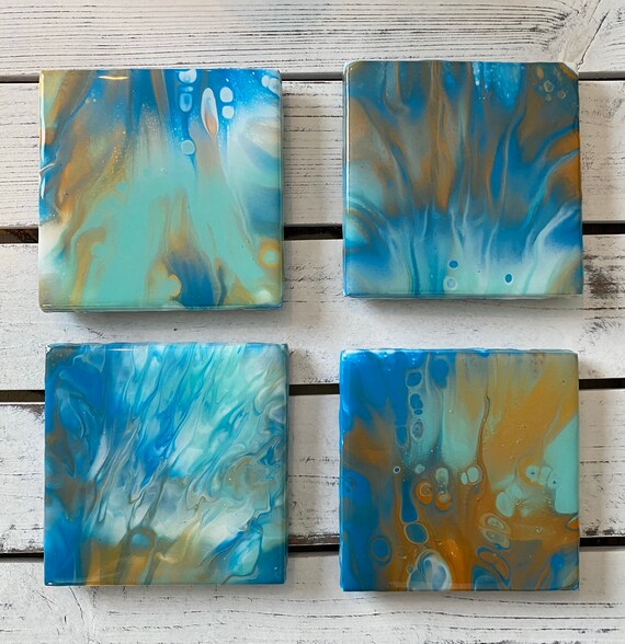 4.25 inch Coaster Set of 4 Blue Green Ocean Handmade Ceramic Tile Painted Copper Gold Artisan Made Gift Idea