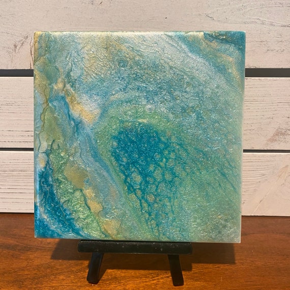 6 inch Trivet Coaster Resin Blue Green Silver Tropical Metallic UNIQUE Handmade Tile Coaster Painted Artisan Made