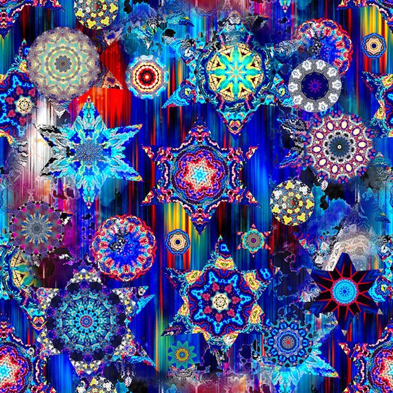 Handmade Textile Artist Made Decor Kona Cotton Fabric Quilting Kaleidoscope Blue Sky Stars