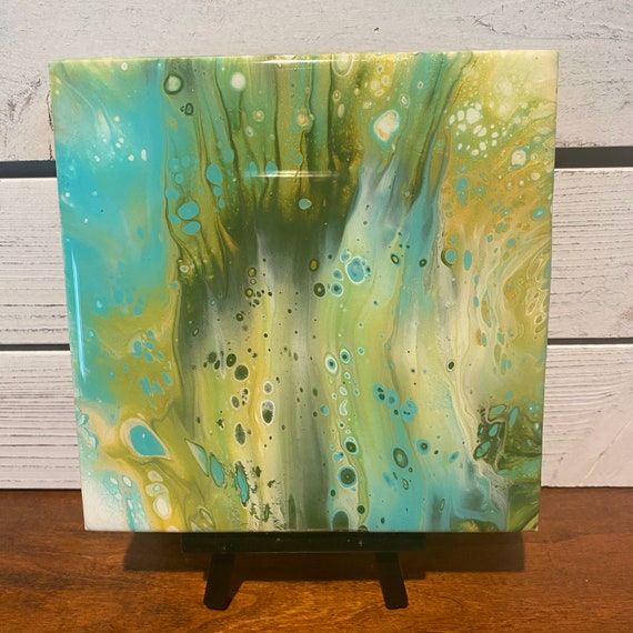 Coaster Trivet Beach Waves Kelp Ocean Blue Green Handmade Ceramic Tile Painted Artisan Made