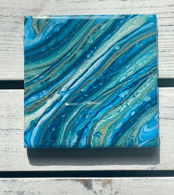 Coaster Set of 2 Blue Gold Tile Ceramic Trivet Hand Painted Artisan Made Gift Idea Home Decoration