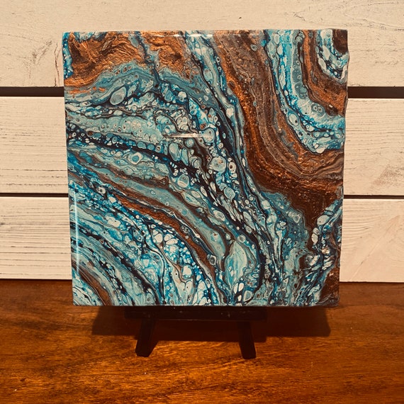 Trivet Handmade Resin Epoxy Blue Copper Ceramic Tile Coaster Artisan Made Gift Home Decoration