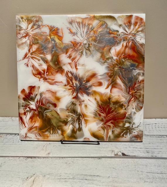 Handmade Painted Plate Platter Centerpiece Resin Silver Copper Gold White 12 Inch Square GIFT