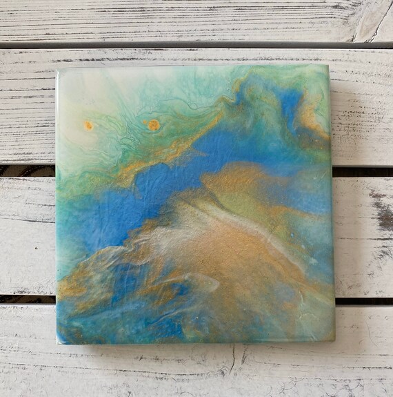 Trivet Coaster Gold Tropical Blue Resin Handmade Ceramic Tile Coaster Painted Artisan Made