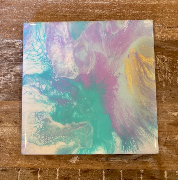 6 inch Trivet Handmade Resin Epoxy Blue Beach Watercolors Ceramic Tile Coaster Artisan Made Gift Home Decoration