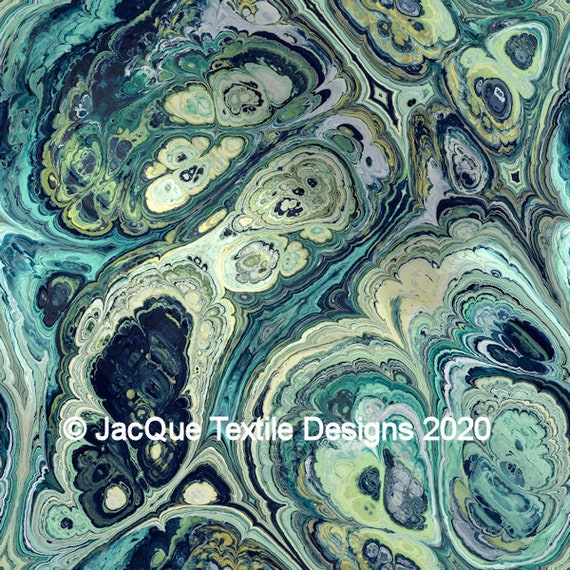 Blue Marble Green Abstract Handmade Art Velvet Upholstery Fabric Fiber Art Fabric