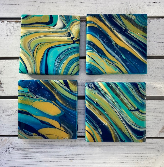 4.25 inch Blue Gold Handmade Ceramic Tile Coaster Set of 4 Painted Copper Gold Artisan Made Gift Idea