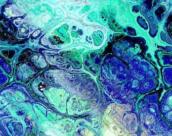 May include: Abstract painting with swirling blue, green, and white colors. The colors blend together to create a marbled effect.