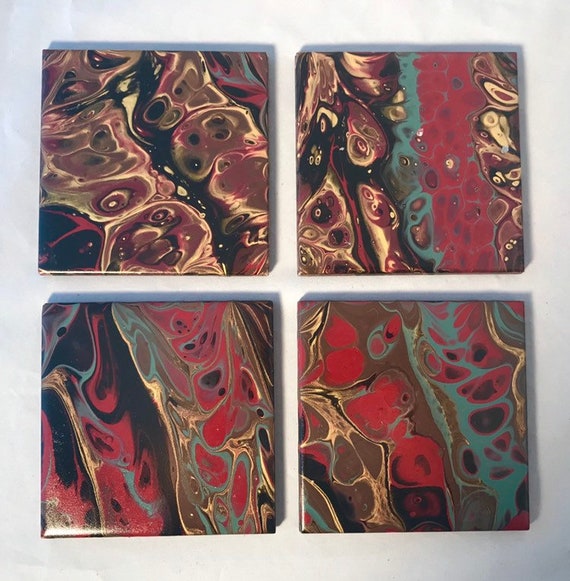 Coaster Set of 4 Red Gold Brown Handmade Ceramic Tile Painted Artisan Made Gift Idea Home Decoration
