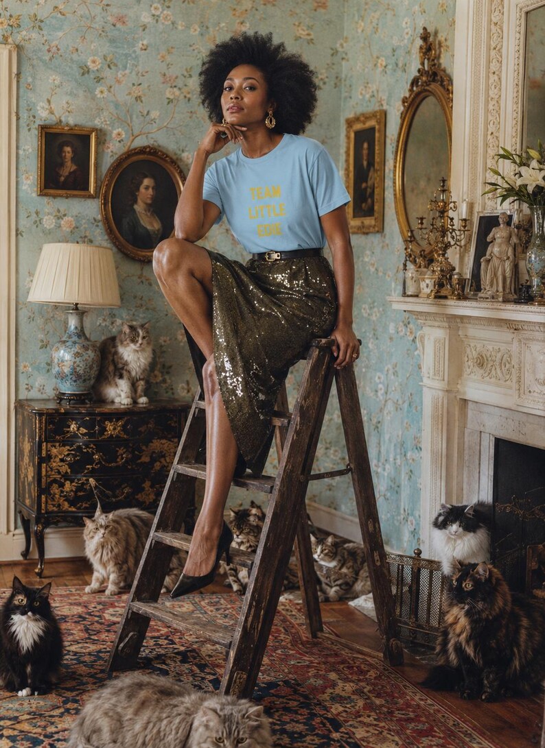 Black woman wearing a pale blue Team Little Edie graphic T-shirt and sequinned skirt, seated on a wooden ladder among cats in an elegant room with blue floral wallpaper.