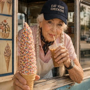 Ninety-year-old woman with silver braided pigtails wears an Eat Your Checkers cap while serving sprinkle-covered soft serve from a vintage ice-cream truck.