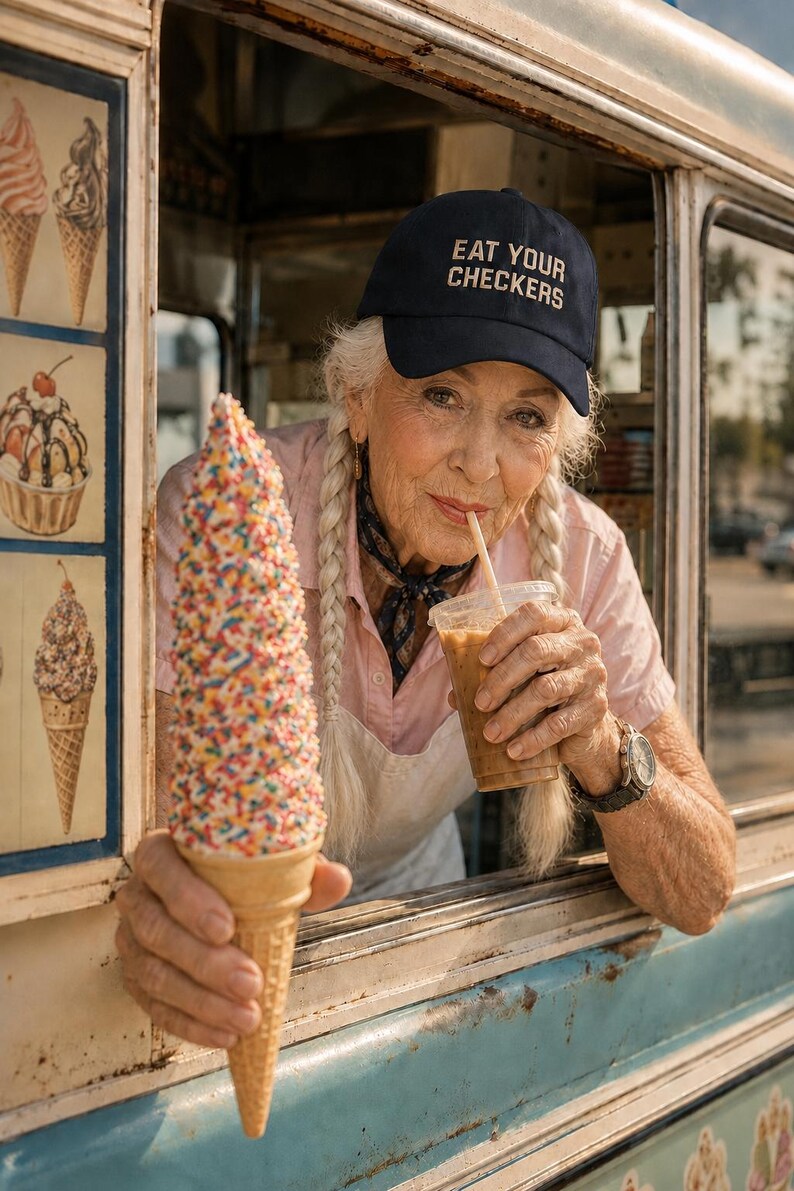 Ninety-year-old woman with silver braided pigtails wears an Eat Your Checkers cap while serving sprinkle-covered soft serve from a vintage ice-cream truck.