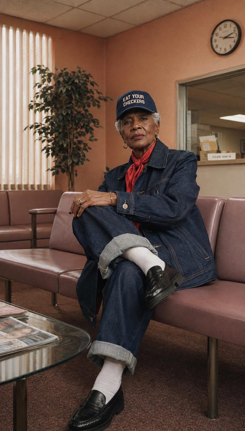 Elderly fashion model wearing an Eat Your Checkers cap in a retro 1980s doctor’s waiting room.