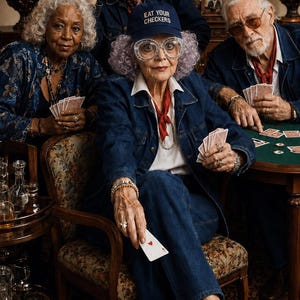 Elderly woman with a lilac perm and thick clear glasses wears an Eat Your Checkers cap while playing cards with friends.