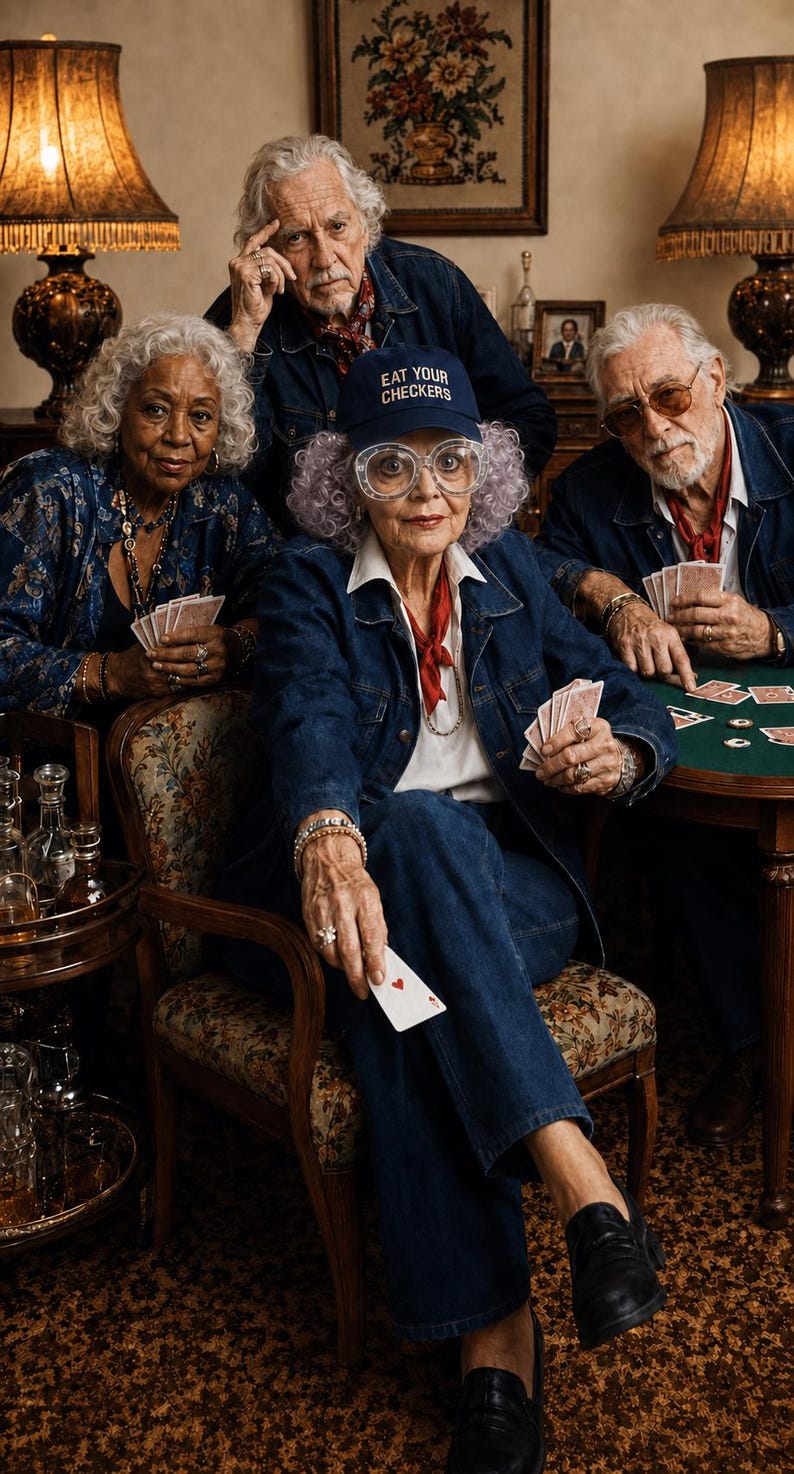 Elderly woman with a lilac perm and thick clear glasses wears an Eat Your Checkers cap while playing cards with friends.