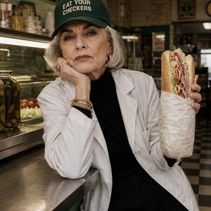 Elderly fashion model wearing an Eat Your Checkers cap while working behind a vintage sandwich-shop counter.