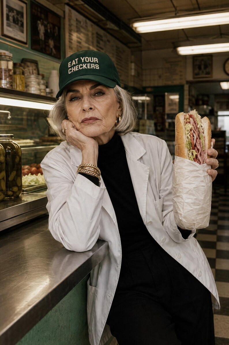 Elderly fashion model wearing an Eat Your Checkers cap while working behind a vintage sandwich-shop counter.
