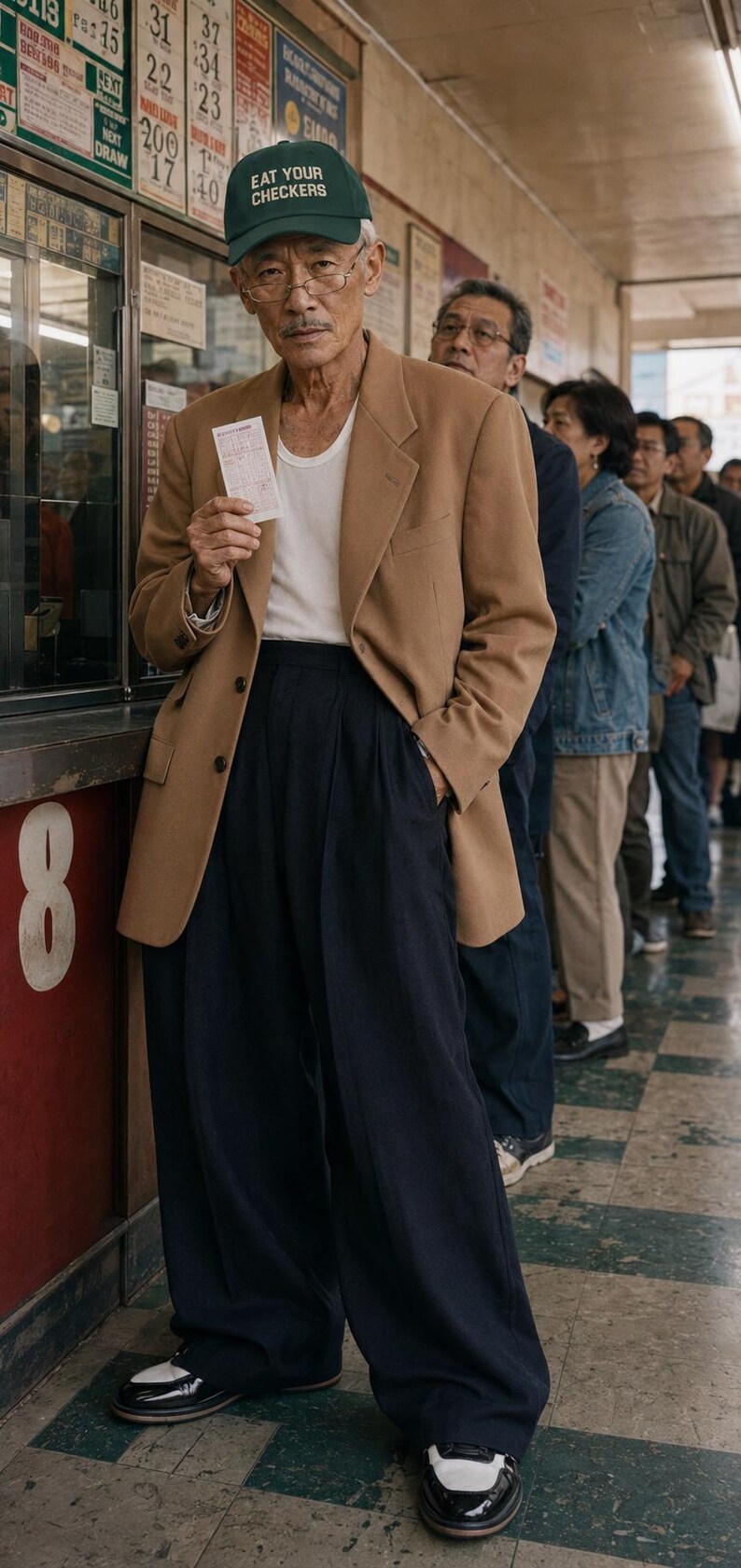 Stylish 80-year-old model wearing an Eat Your Checkers cap while waiting in line with a lottery ticket.