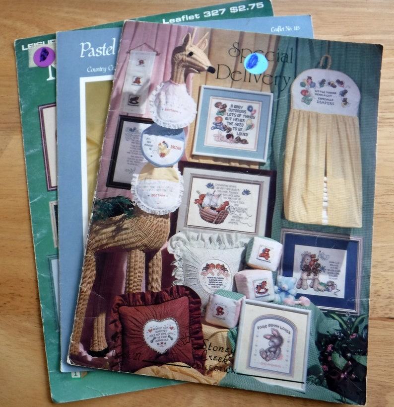 Lot of 3 Baby Cross Stitch pattern booklets baby embroidery patterns vintage Noahs Ark baby bibs newborn nursery cross stitch patterns
