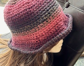 Beautiful Pink Burgundy Taupe Striped Crocheted Bucket Hat