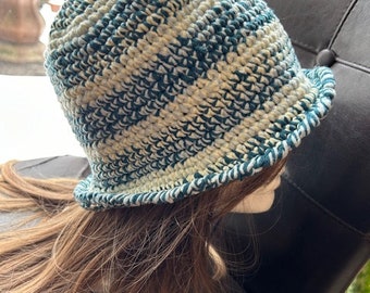 Beautiful Blue and Cream Striped Tweedy Crocheted Bucket Hat