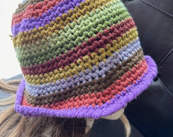 Beautiful Orange Olive Striped Crocheted Bucket Hat