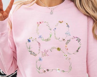 Floral Dog Paw Print Crewneck - Pet Lover Sweatshirt