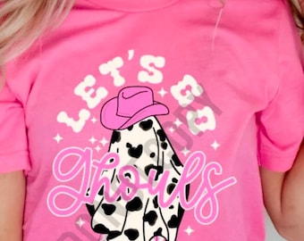 Let’s Go Ghouls Pink T-Shirt, Cute Cow Print Ghost Tee, Halloween Graphic Shirt, Funny Trendy Unisex Gift, Spooky Cowgirl Apparel