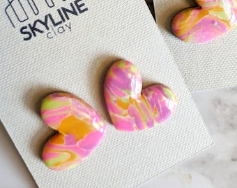 Stud Earrings Heart Shape with Neon Swirl Bright Colors Heart Earring Valentine Gift Neon Pink Stainless Steel Post
