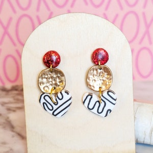 red glitter gold and white heart earring