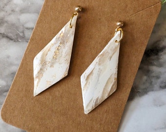 White & Gold Faux Gem Clay Earrings Lightweight Elegant Long Diamond Shape with Gold (Stainless Steel) post