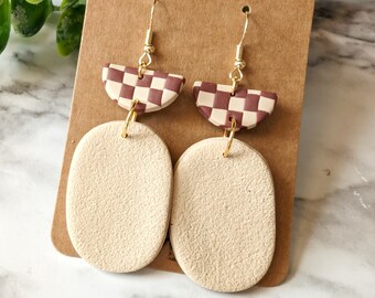 Neutral Statment Earrings Lightweight Clay Large Oval with Brown Checker Pattern Textured Sand Look Wire Hook Earring