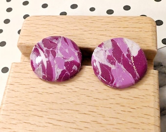 Large Stud Earring Dark Pink Marble Swirl Gold Vein Glossy Faux Stone Earring Lightweight Clay Earrings