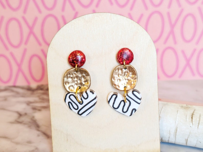 red glitter gold and white heart earring