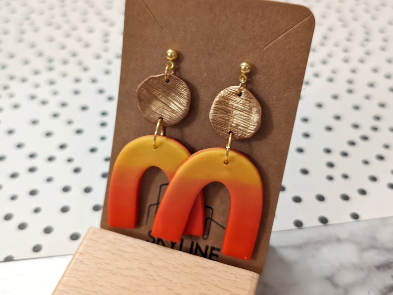 Clay Arch Earrings Sunset Glow Ombre Yellow to Red with Gold Accents Trendy Modern Colorful Earring Beach Accessories image 2