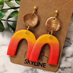 Clay Arch Earrings Sunset Glow Ombre Yellow to Red with Gold Accents Trendy Modern Colorful Earring Beach Accessories image 1