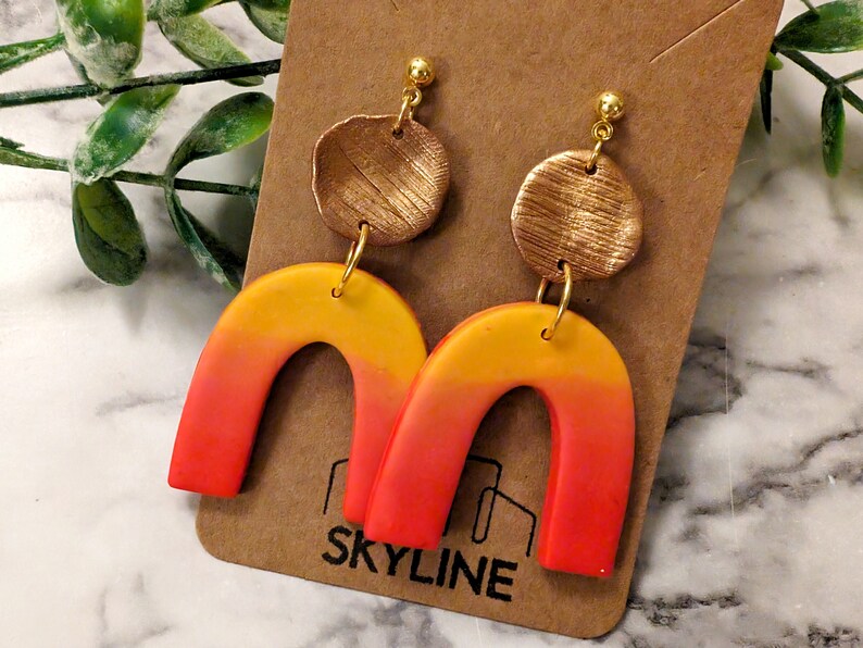 Clay Arch Earrings Sunset Glow Ombre Yellow to Red with Gold Accents Trendy Modern Colorful Earring Beach Accessories image 1