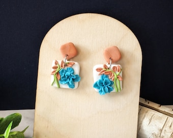 Floral Earrings Blue and Peach Clay Flowers on White Square LIghtweight Trendy Earrings Textured 3D Petals