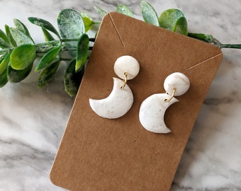 Moon Earrings White & Gold Faux Gem Clay Earrings Lightweight Elegant Celestial Earrings Faux Quartz