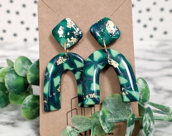 Green Arch Earring Marbled Green St Patricks Statement Clay Earring Big Light Earring Faux Gem Polished Stone Green Swirl Earrings Clover