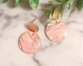 Pink Earring Marbled Clay Pink and Gold Circle Earring with Gold Accent Round Drop Earring Lightweight Modern Earring Jewlery