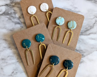 Gold Vein Clay Earrings Brass Arch Accent Dangle Teal Gold White Gold Marbled Clay Earrings Lightweight Modern