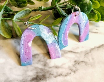 Purple Teal Earrings 90s Colors Jewelry Arch Clay Earrings Gift for Teen Marble Swirl Earrings Lightweight Modern
