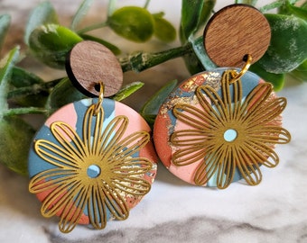 Boho Earring Layered Flower Wood Polymer Clay Summer Accessories for Women Boho Pattern Earring Brass Flower
