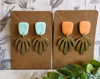 Boho Leaf Dangle Earring Orange Aqua Clay Earring Modern Polymer Clay Earring Lightweight Bold Shape Summer Earring