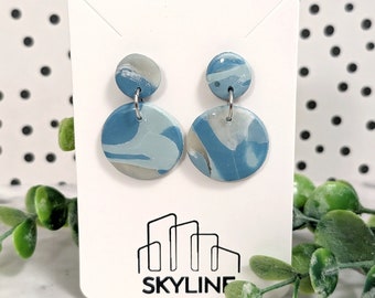 Light Blue Statement Clay Earring Big Light Earring Faux Gem Polished Stone Blue Swirl Earrings Marbled Clay Aqua Blue