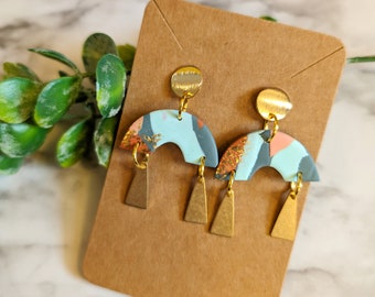 Boho Dangle Clay Earring Gold Accent Summer Earrings Modern Polymer Clay Mini Arch Marbled Clay